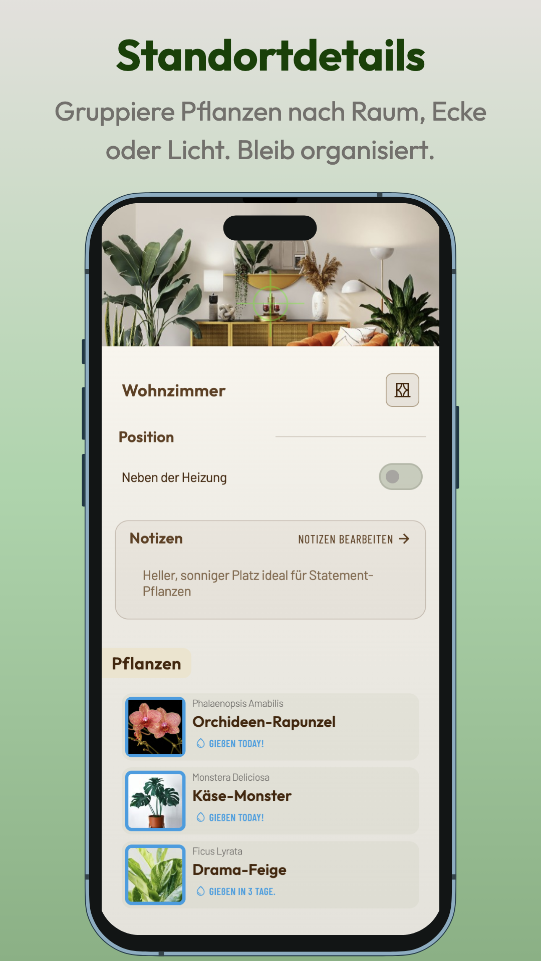 Planti App-Screenshot: Standortdetails