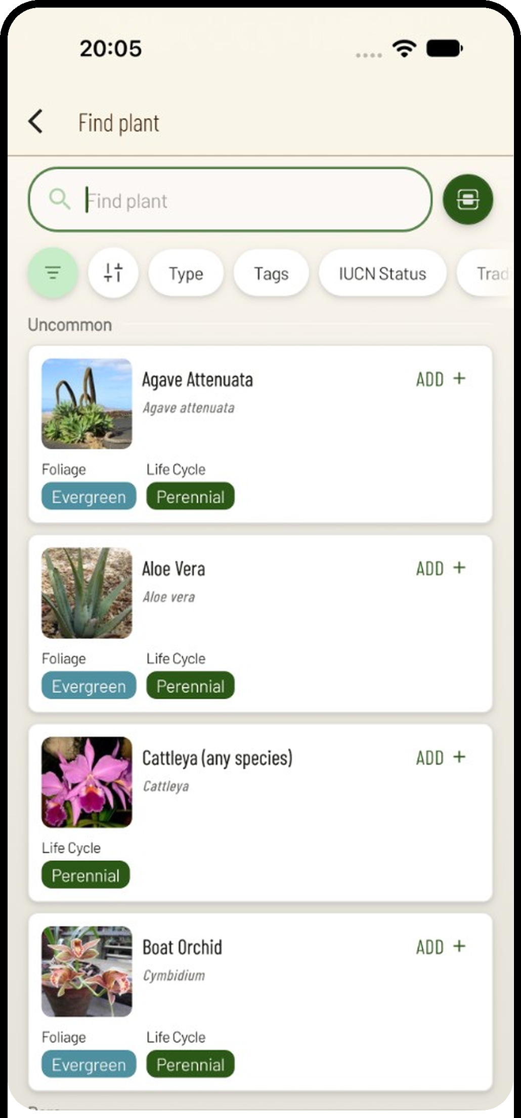 Planti app screenshot: Species database search