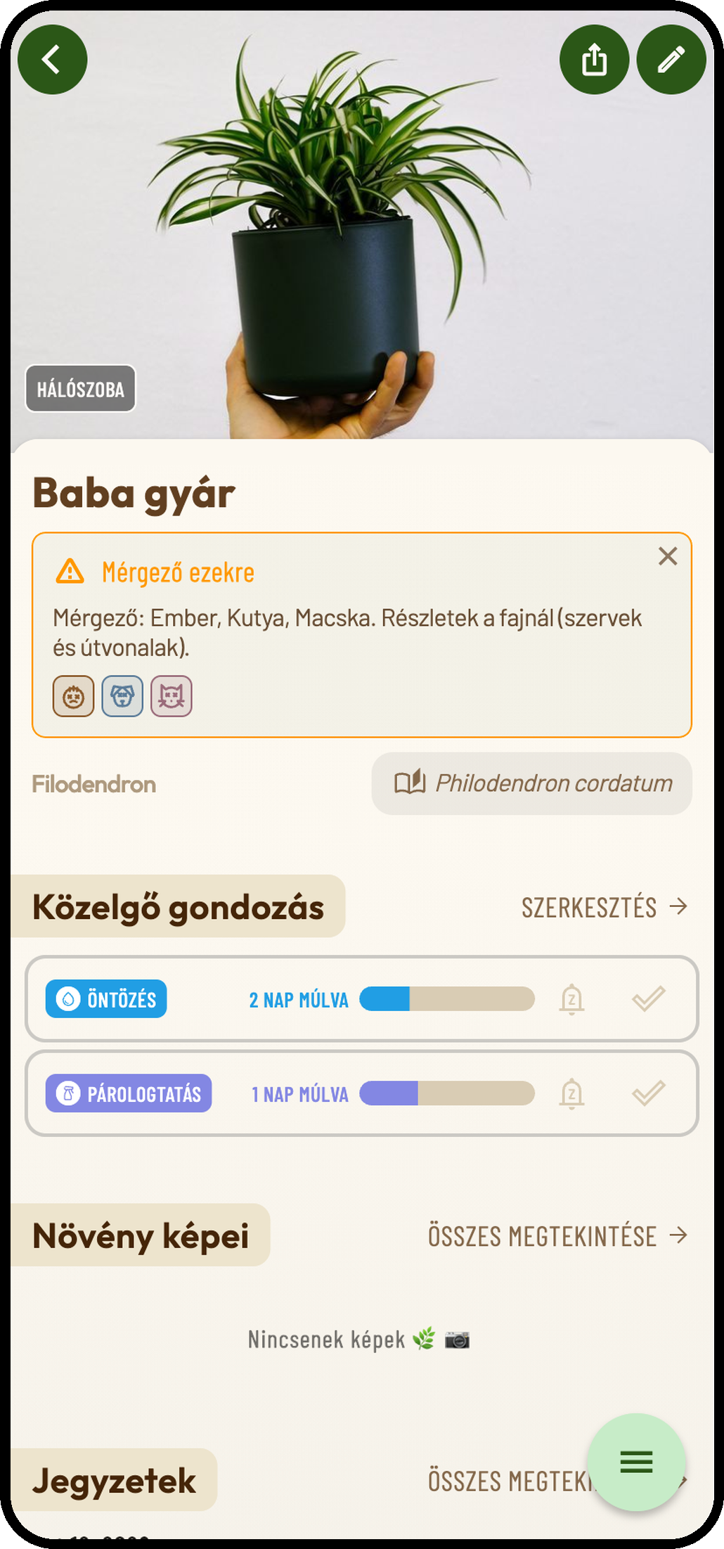 Planti alkalmazás képernyő: Növény adatai